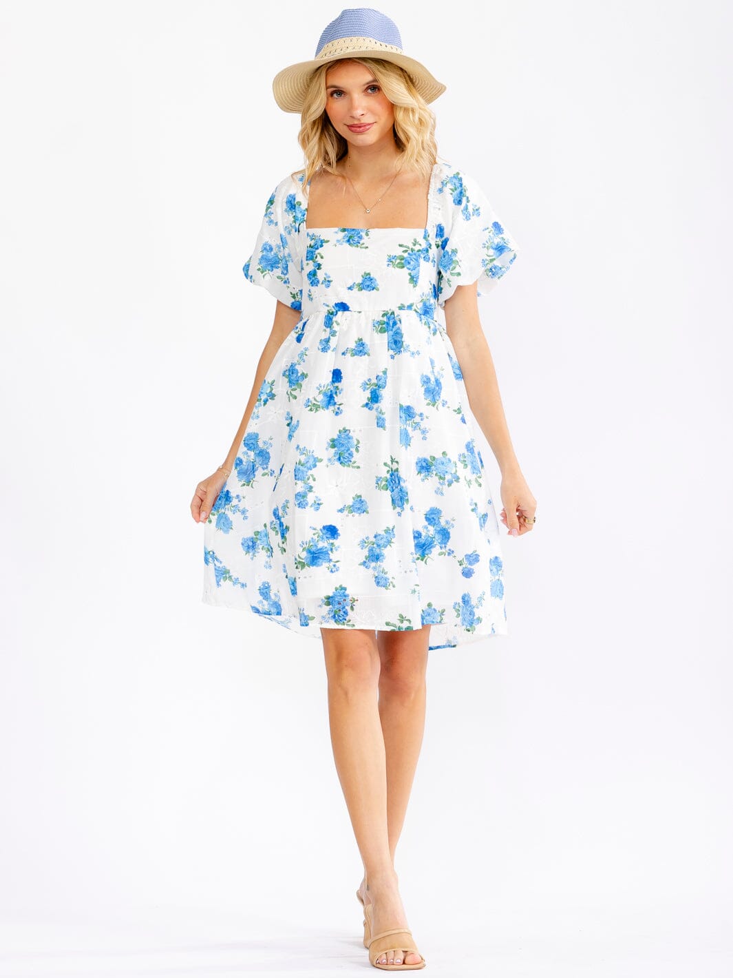 WOMEN'S SHORT PUFF SLEEVE SQUARE NECK SMOCK FLORAL EYELET MINI DRESS