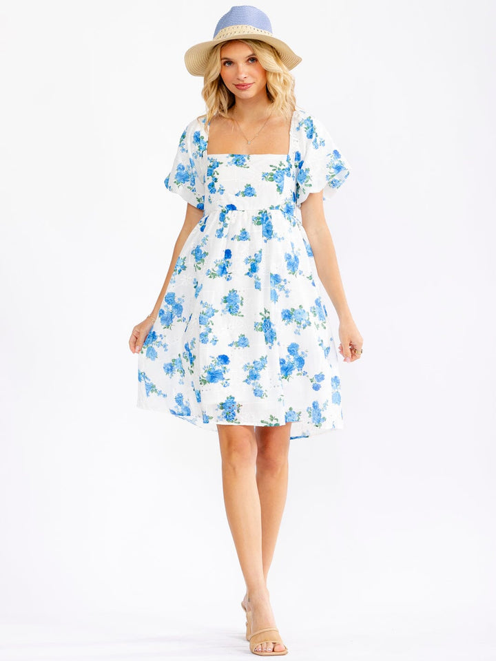 WOMEN'S SHORT PUFF SLEEVE SQUARE NECK SMOCK FLORAL EYELET MINI DRESS