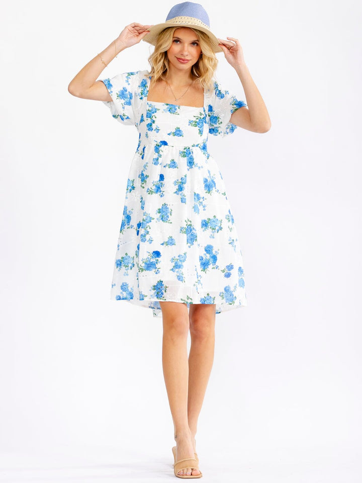 WOMEN'S SHORT PUFF SLEEVE SQUARE NECK SMOCK FLORAL EYELET MINI DRESS