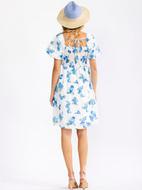 WOMEN'S SHORT PUFF SLEEVE SQUARE NECK SMOCK FLORAL EYELET MINI DRESS