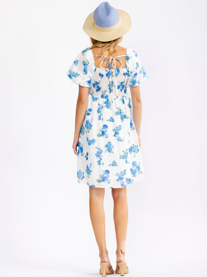 WOMEN'S SHORT PUFF SLEEVE SQUARE NECK SMOCK FLORAL EYELET MINI DRESS