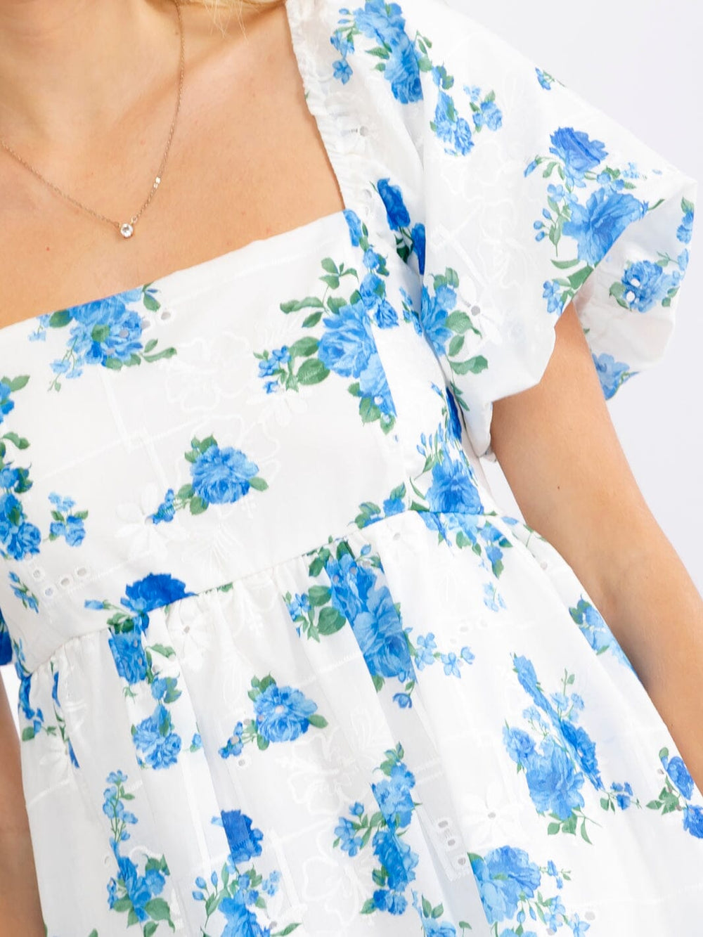 WOMEN'S SHORT PUFF SLEEVE SQUARE NECK SMOCK FLORAL EYELET MINI DRESS