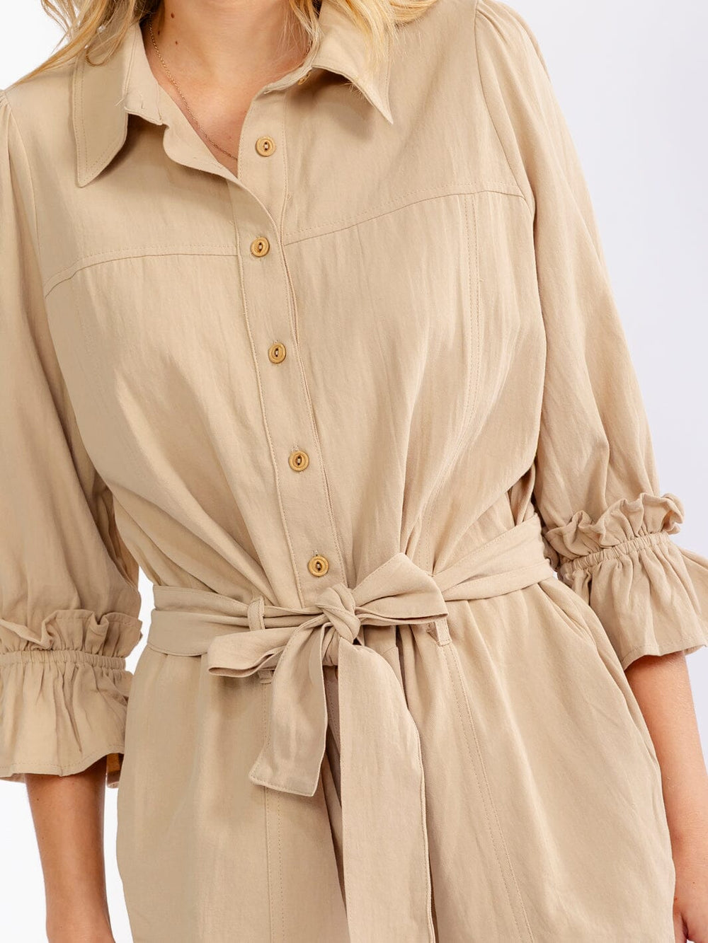 WOMEN'S 3/4 SLEEVE BUTTON UP SELF TIE POCKETS ROMPER