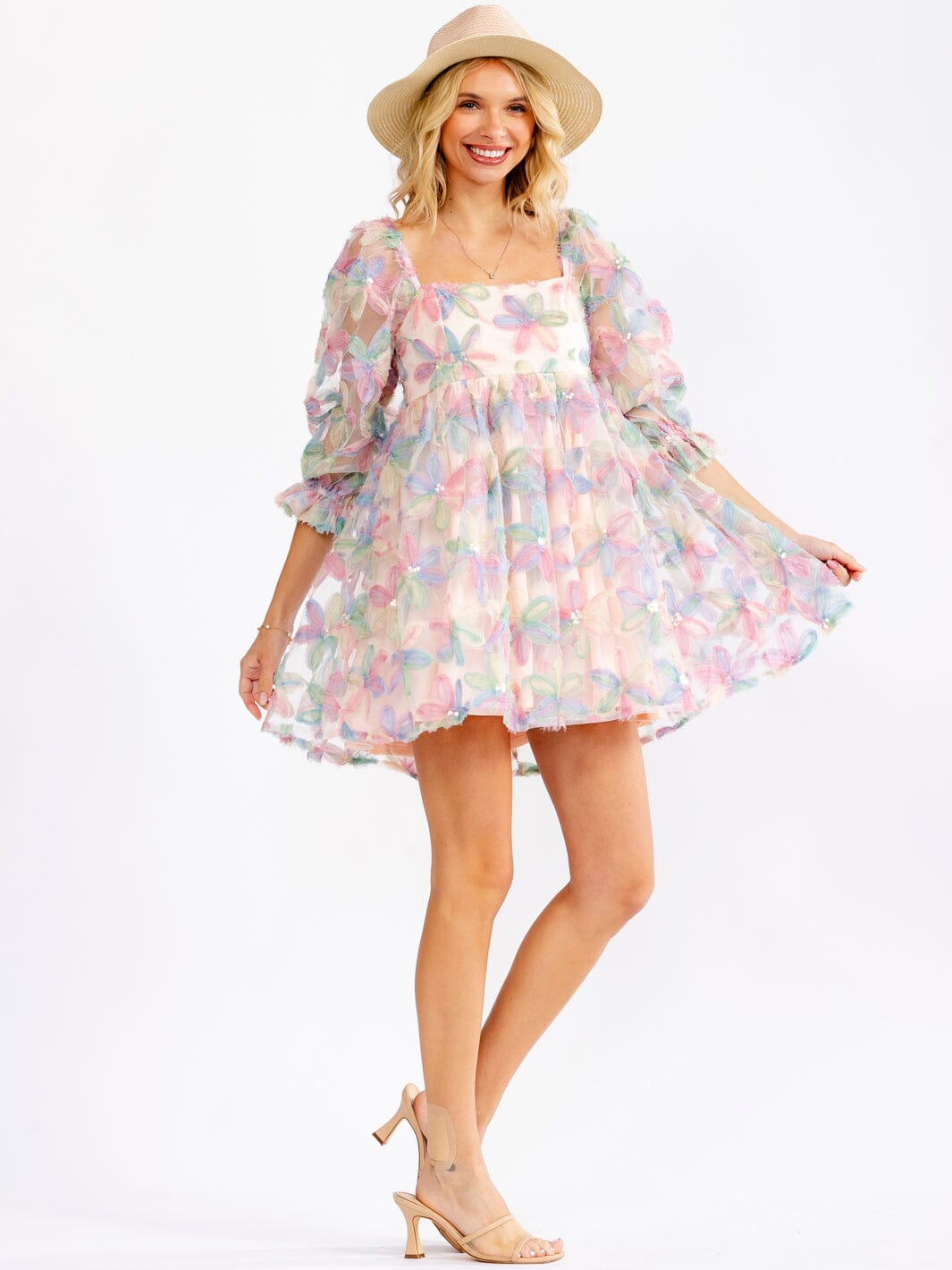 WOMEN'S SHORT SLEEVE SQUARE NECK FLORAL BABYDOLL MINI DRESS