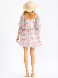 WOMEN'S SHORT SLEEVE SQUARE NECK FLORAL BABYDOLL MINI DRESS