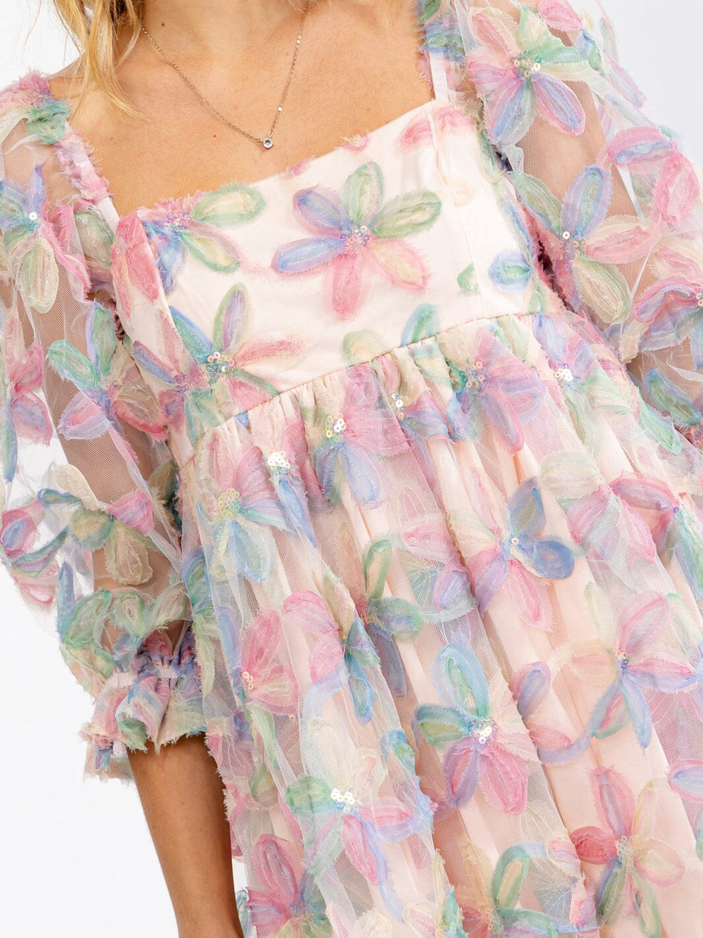 WOMEN'S SHORT SLEEVE SQUARE NECK FLORAL BABYDOLL MINI DRESS