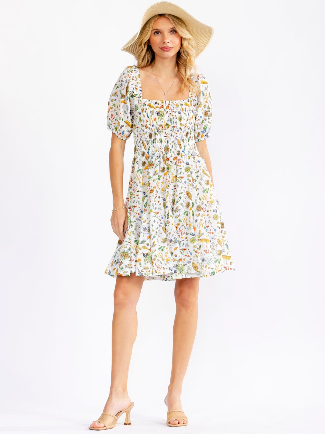 WOMEN'S SHORT SLEEVE SQUARE NECK FLORAL SMOCK MULTI PRINT MINI DRESS