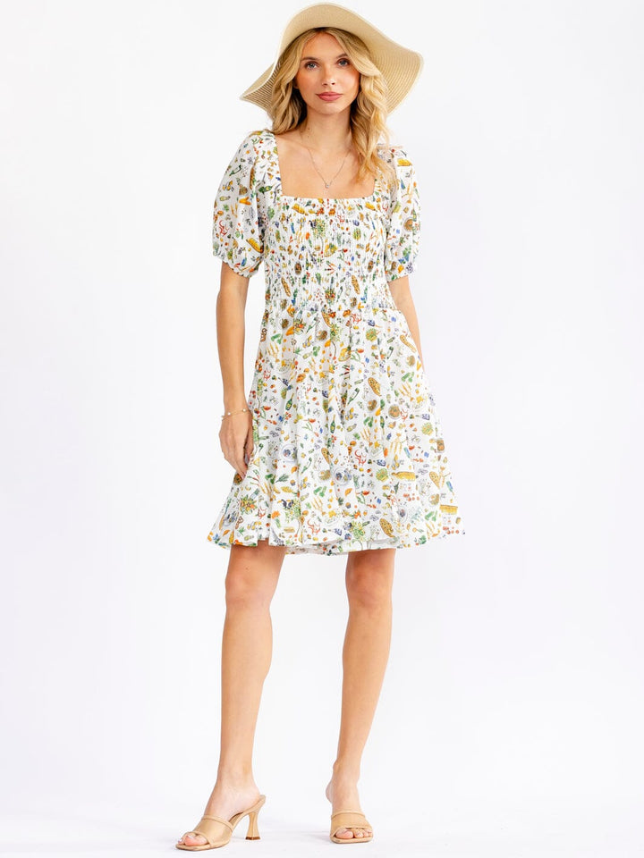 WOMEN'S SHORT SLEEVE SQUARE NECK FLORAL SMOCK MULTI PRINT MINI DRESS