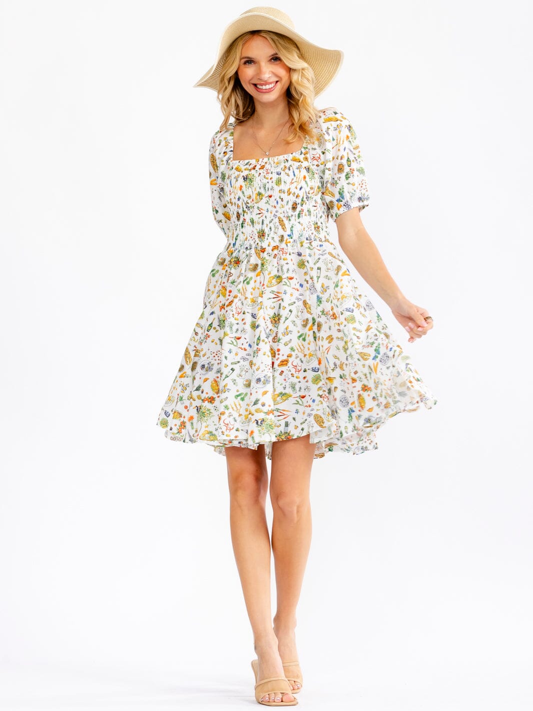 WOMEN'S SHORT SLEEVE SQUARE NECK FLORAL SMOCK MULTI PRINT MINI DRESS