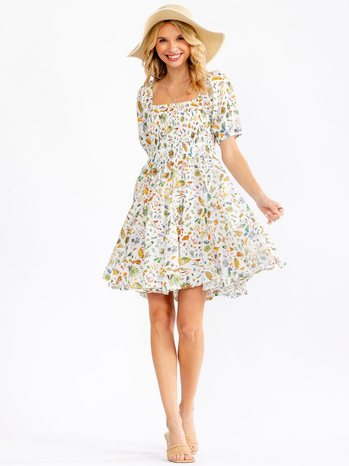 WOMEN'S SHORT SLEEVE SQUARE NECK FLORAL SMOCK MULTI PRINT MINI DRESS