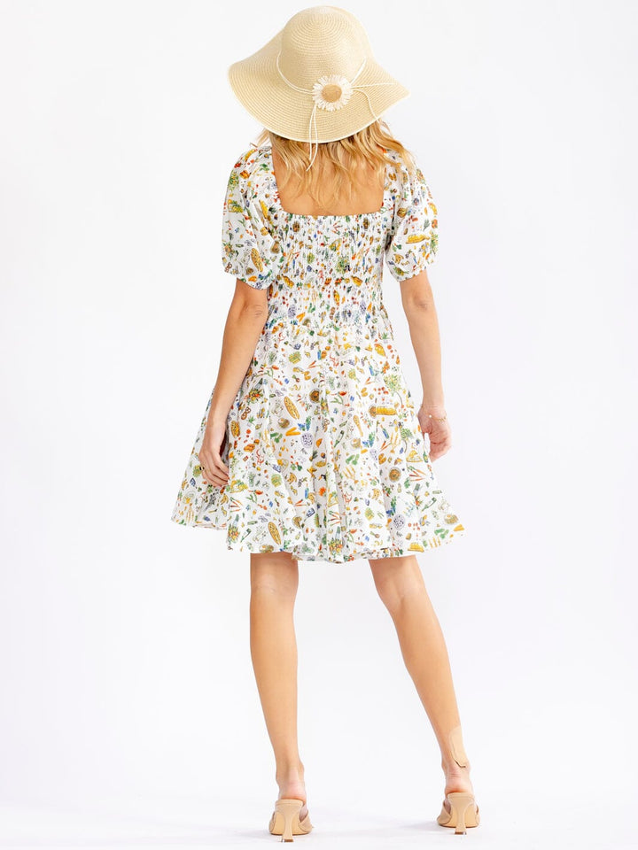 WOMEN'S SHORT SLEEVE SQUARE NECK FLORAL SMOCK MULTI PRINT MINI DRESS