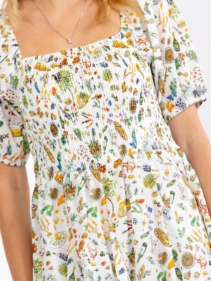 WOMEN'S SHORT SLEEVE SQUARE NECK FLORAL SMOCK MULTI PRINT MINI DRESS