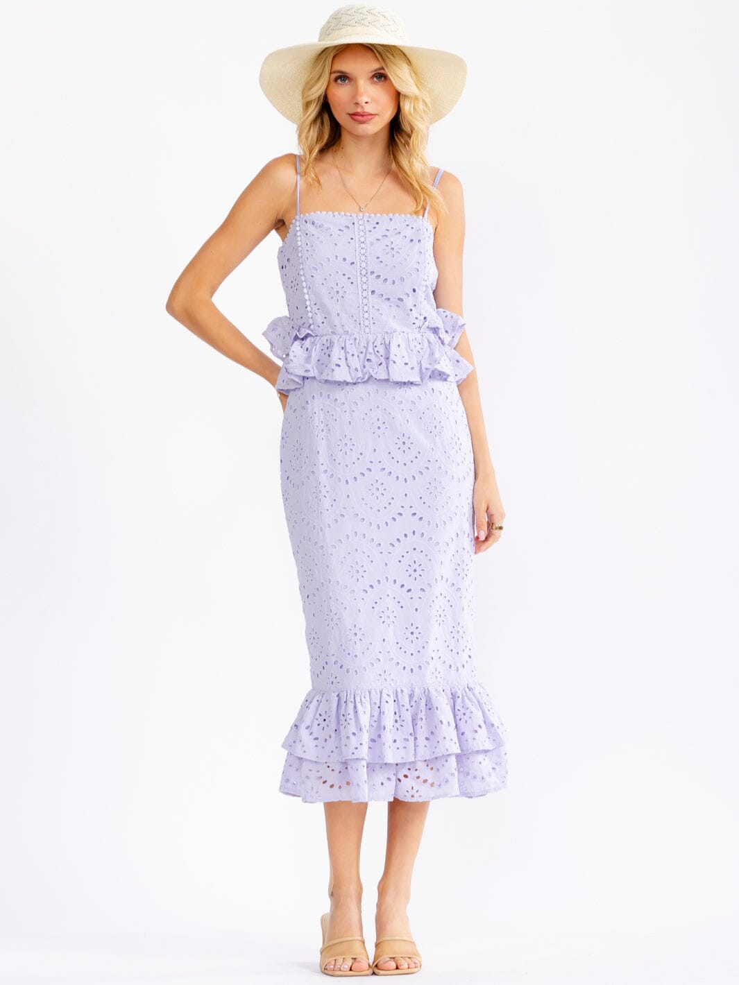 JUST ME WOMEN'S SLEEVELESS TIERED RUFFLE EYELET BODYCON MAXI DRESS