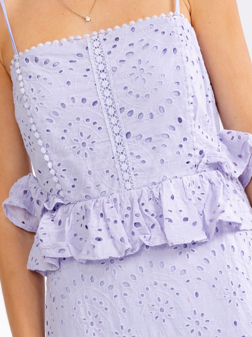 JUST ME WOMEN'S SLEEVELESS TIERED RUFFLE EYELET BODYCON MAXI DRESS