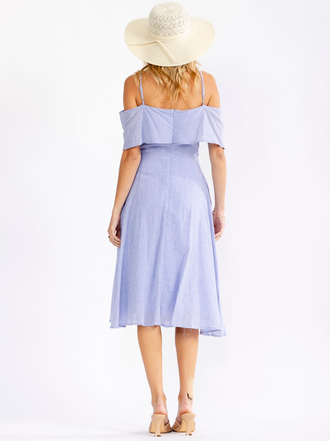 JUST ME WOMEN'S OFF SHOULDER V-NECK FIT & FLARE MIDI DRESS