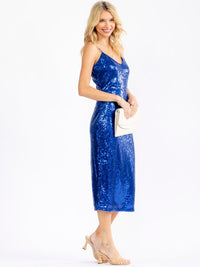 JUST ME WOMEN'S SLEEVELESS V-NECK SEQUINS BODYCON MIDI DRESS