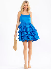 JUST ME WOMEN'S SLEEVELESS SQUARE NECK FIT & FLARE RUFFLE TIERED MINI DRESS