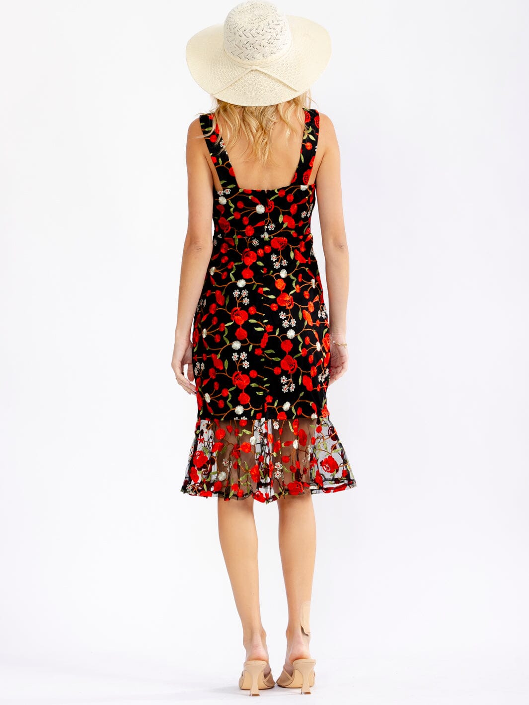 JUST ME WOMEN'S SLEEVELESS SQUARE NECK FLORAL EMBROIDERY BODYCON MIDI DRESS