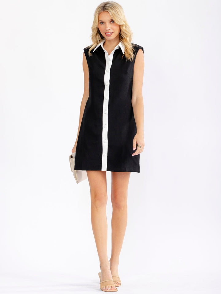 WOMEN'S SLEEVELESS PADDED SHOULDERS BUTTON UP BODYCON MINI DRESS