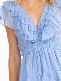 WOMEN'S RUFFLE SLEEVE V-NECK ELASTIC WAIST TIERED MINI DRESS