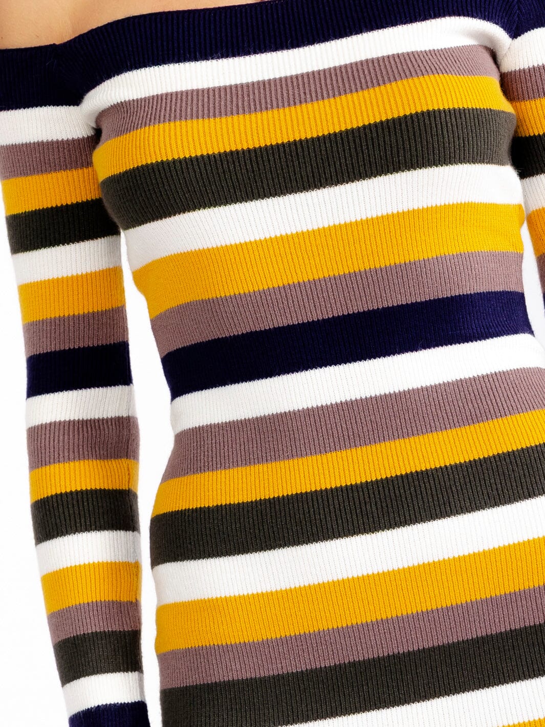 JUST ME WOMEN'S LONG SLEEVE OFF SHOULDER COLORBLOCK STRIPES RIBBED BODYCON MINI DRESS