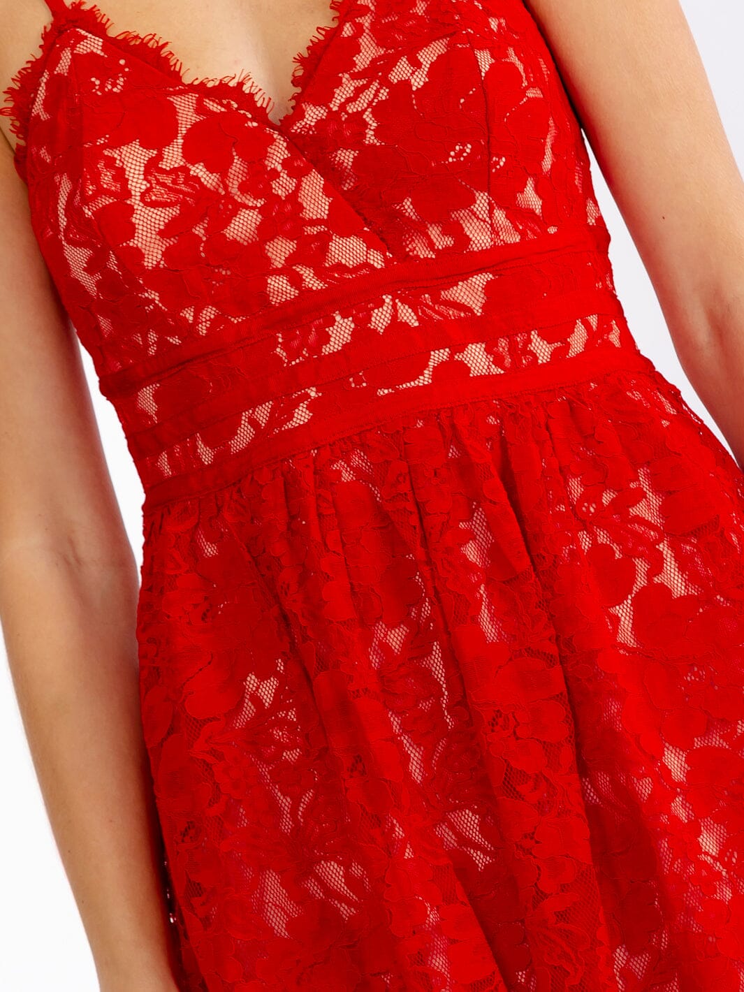 JUST ME WOMEN'S SLEEVELESS V-NECK FIT & FLARE LACE MINI DRESS