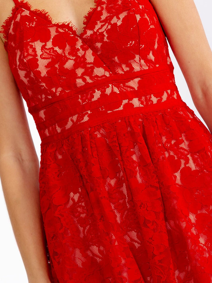 JUST ME WOMEN'S SLEEVELESS V-NECK FIT & FLARE LACE MINI DRESS