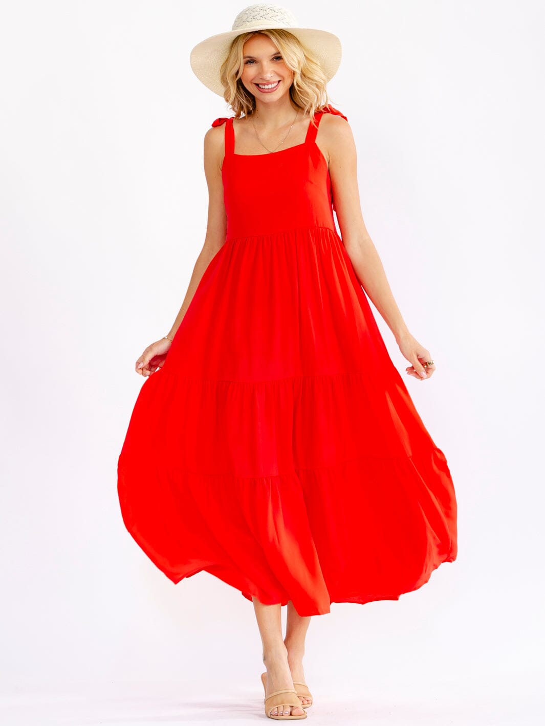 WOMEN'S SLEEVELESS SQUARE NECK FRONT POCKETS TIERED MAXI DRESS