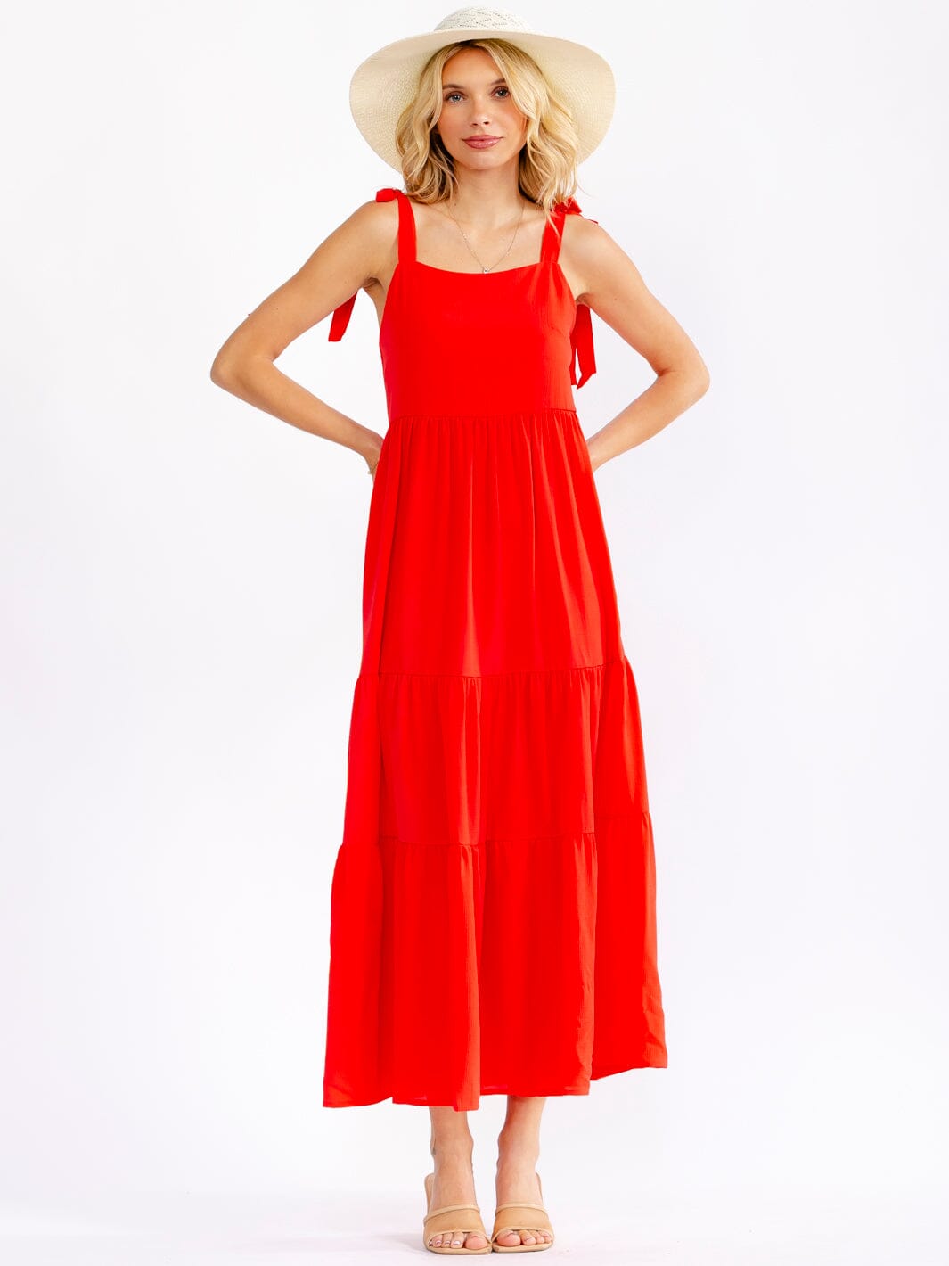 WOMEN'S SLEEVELESS SQUARE NECK FRONT POCKETS TIERED MAXI DRESS