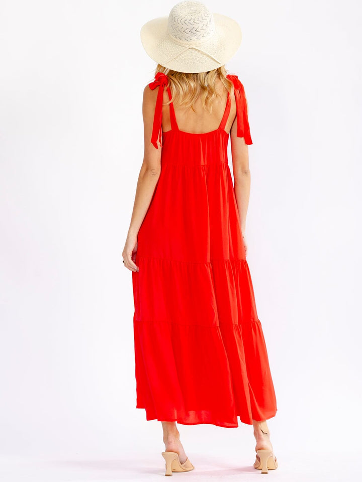 WOMEN'S SLEEVELESS SQUARE NECK FRONT POCKETS TIERED MAXI DRESS