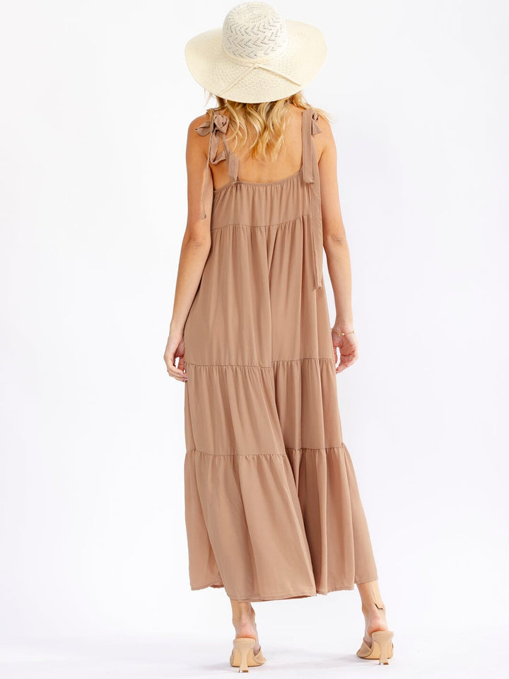 WOMEN'S SLEEVELESS SQUARE NECK FRONT POCKETS TIERED MAXI DRESS