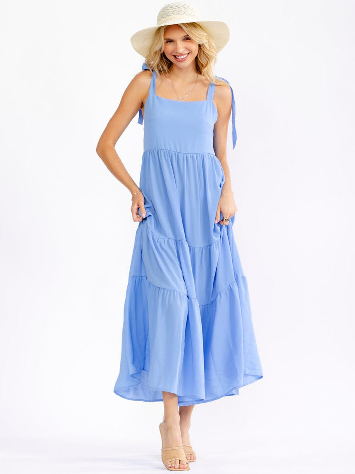 WOMEN'S SLEEVELESS SQUARE NECK FRONT POCKETS TIERED MAXI DRESS