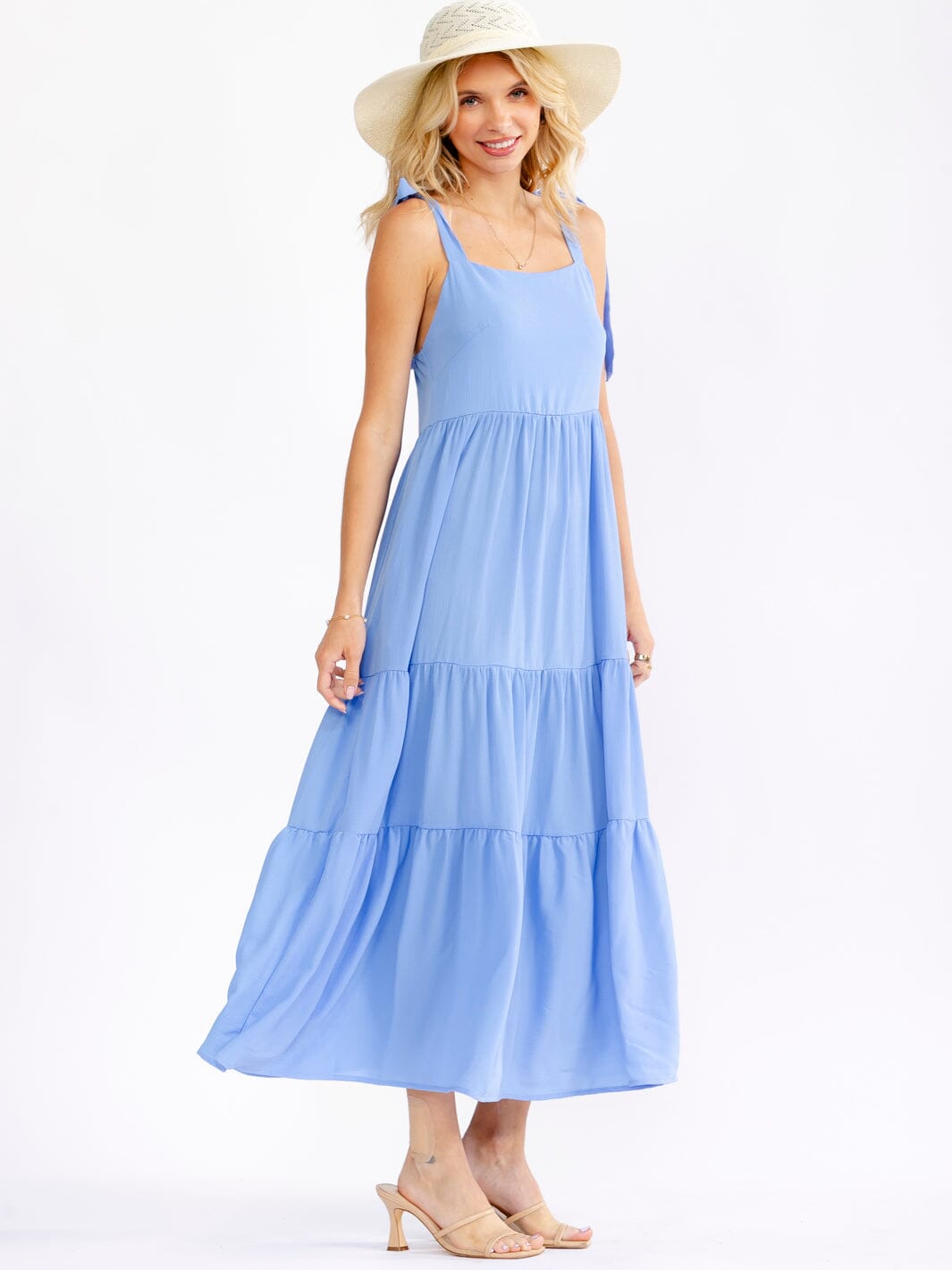 WOMEN'S SLEEVELESS SQUARE NECK FRONT POCKETS TIERED MAXI DRESS
