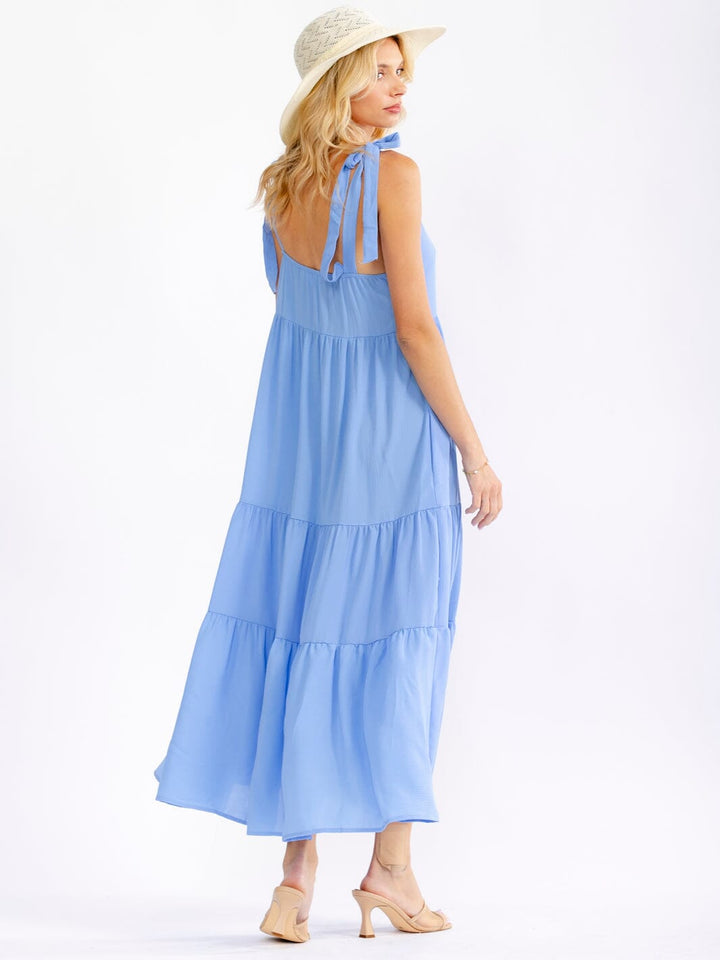 WOMEN'S SLEEVELESS SQUARE NECK FRONT POCKETS TIERED MAXI DRESS