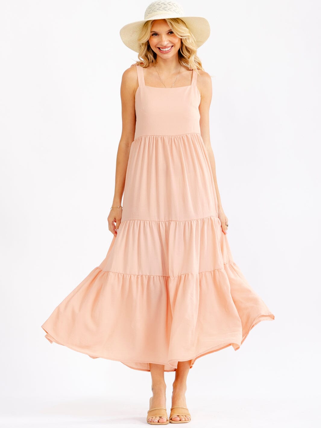 WOMEN'S SLEEVELESS SQUARE NECK FRONT POCKETS TIERED MAXI DRESS