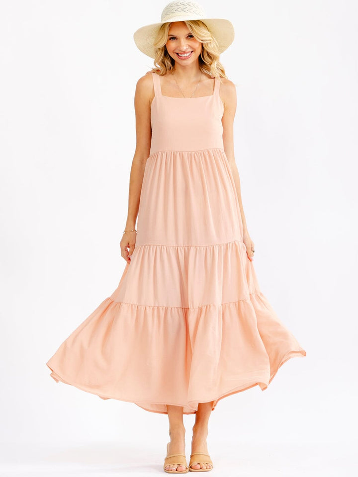 WOMEN'S SLEEVELESS SQUARE NECK FRONT POCKETS TIERED MAXI DRESS