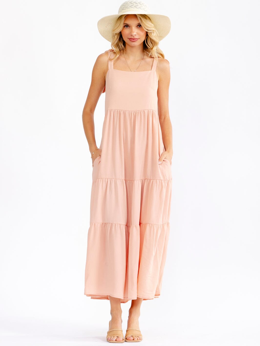 WOMEN'S SLEEVELESS SQUARE NECK FRONT POCKETS TIERED MAXI DRESS