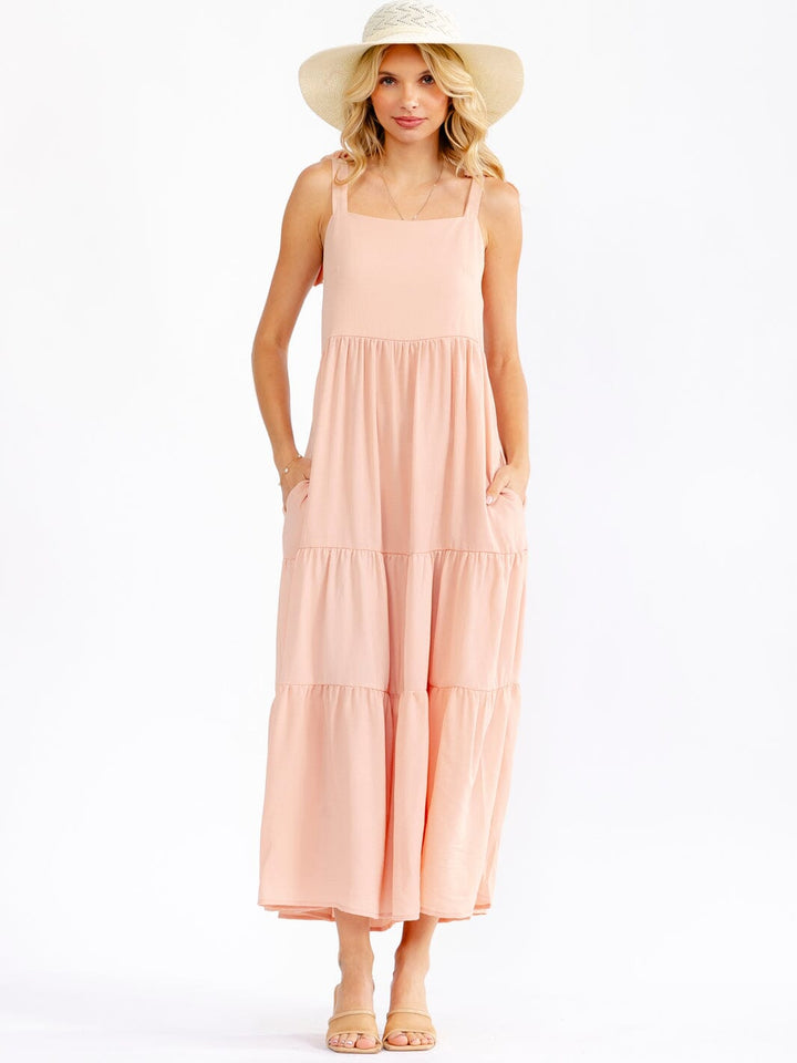 WOMEN'S SLEEVELESS SQUARE NECK FRONT POCKETS TIERED MAXI DRESS