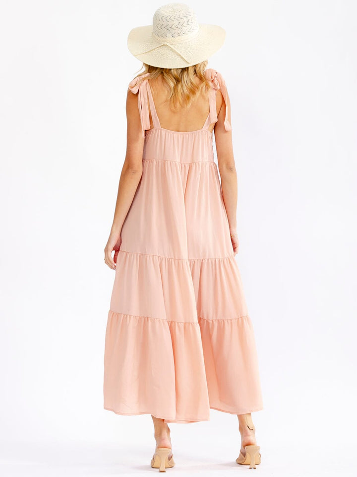 WOMEN'S SLEEVELESS SQUARE NECK FRONT POCKETS TIERED MAXI DRESS