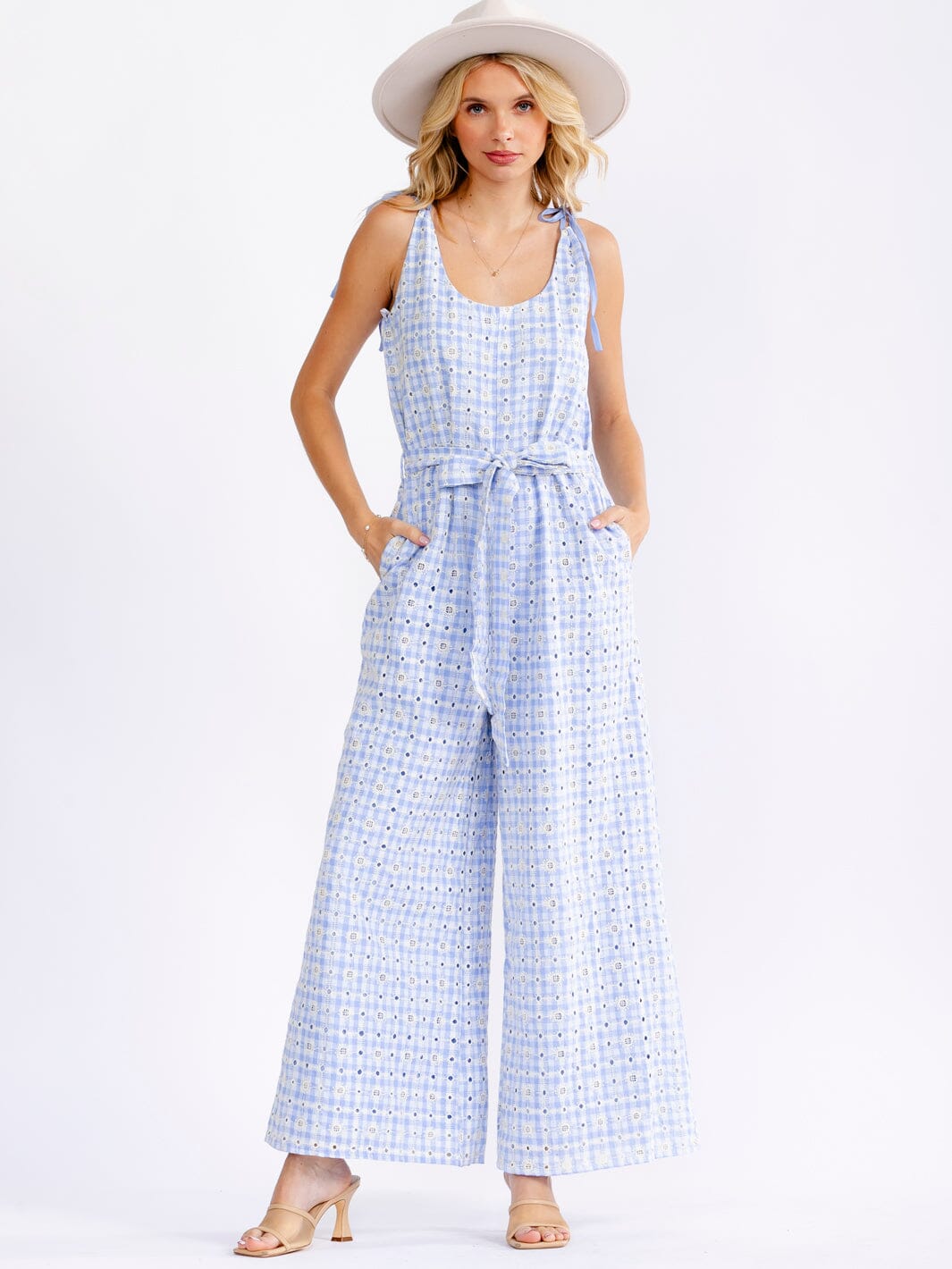 JUST ME WOMEN'S SLEEVELESS FRONT POCKETS SELF TIE FRONT POCKETS WIDE LEG EYELET JUMPSUIT