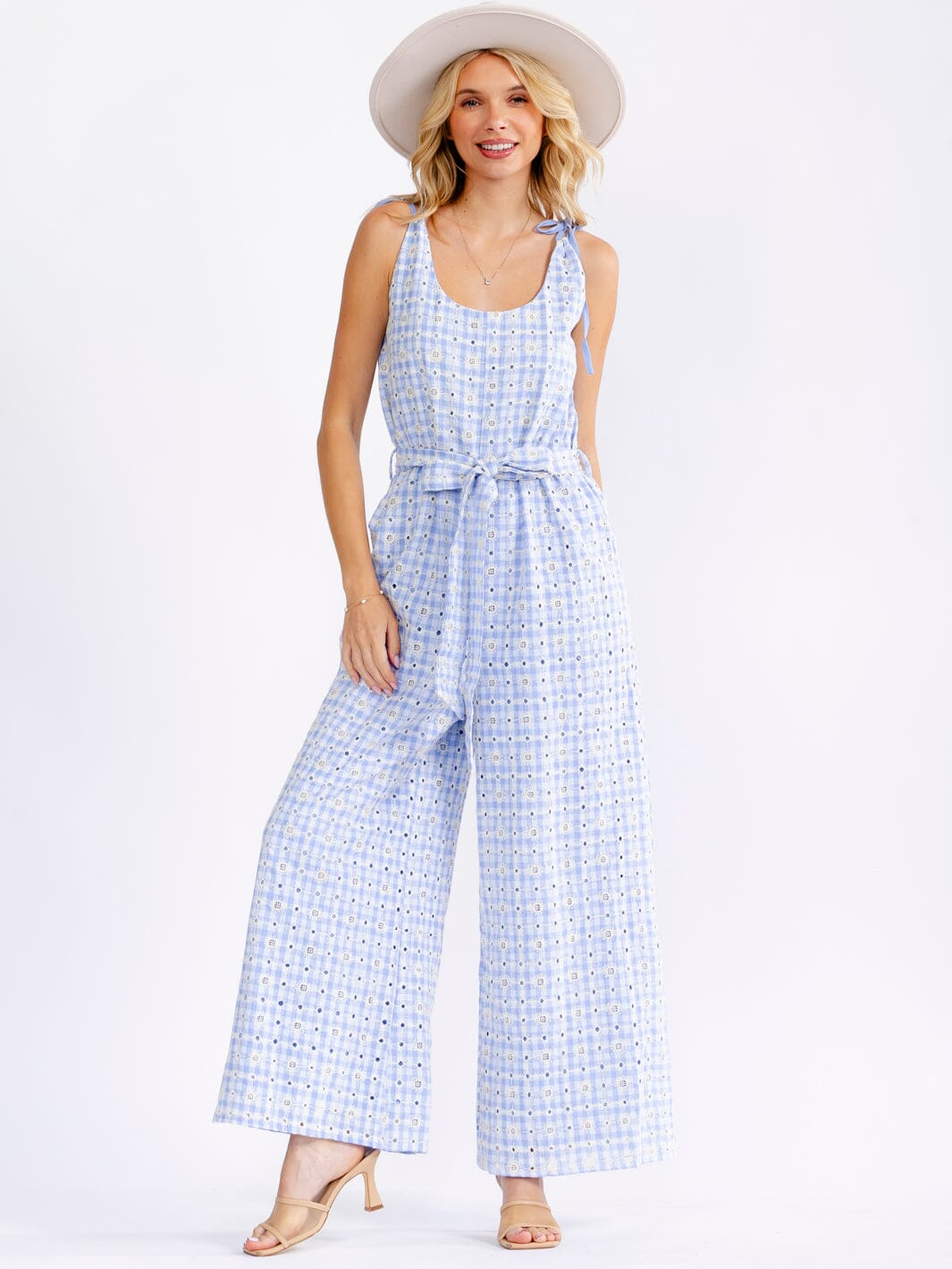 JUST ME WOMEN'S SLEEVELESS FRONT POCKETS SELF TIE FRONT POCKETS WIDE LEG EYELET JUMPSUIT