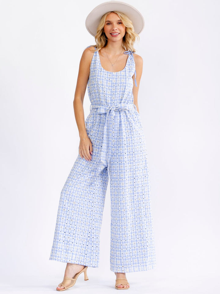 JUST ME WOMEN'S SLEEVELESS FRONT POCKETS SELF TIE FRONT POCKETS WIDE LEG EYELET JUMPSUIT