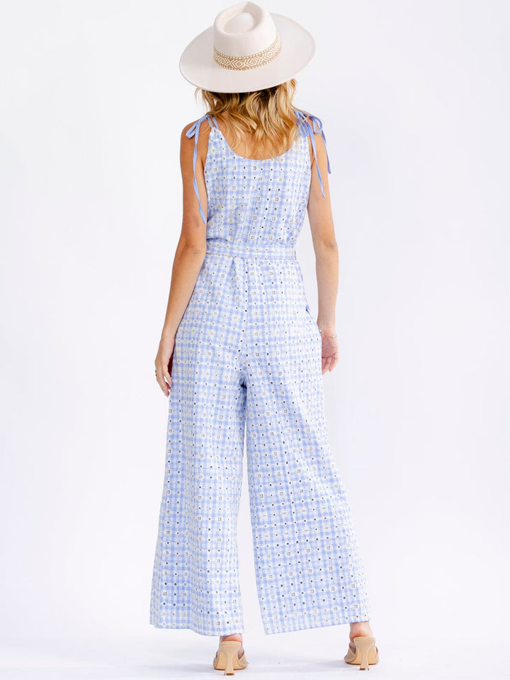 JUST ME WOMEN'S SLEEVELESS FRONT POCKETS SELF TIE FRONT POCKETS WIDE LEG EYELET JUMPSUIT
