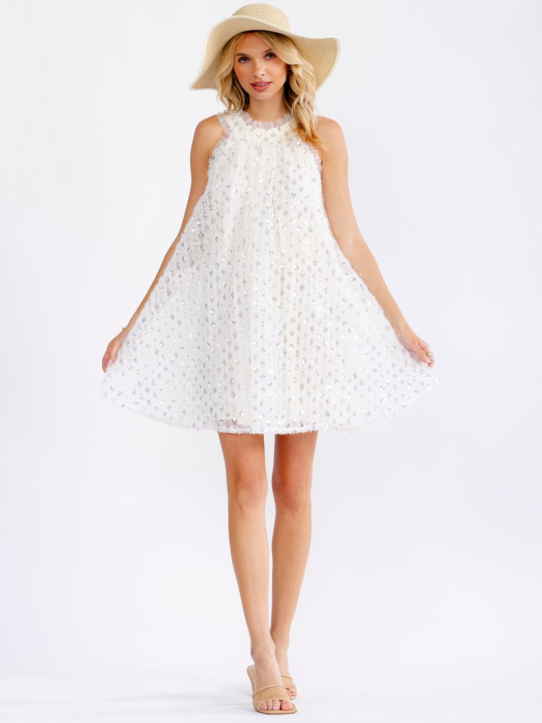 JUST ME WOMEN'S SLEEVELESS HALTER NECK SEQUINS DETAILED LOOSE FIT MINI DRESS