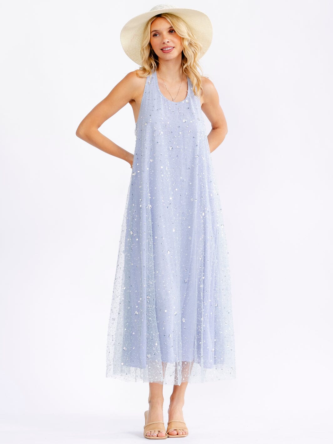 JUST ME WOMEN'S SLEEVELESS HALTER NECK SEQUINS DETAILED MAXI DRESS