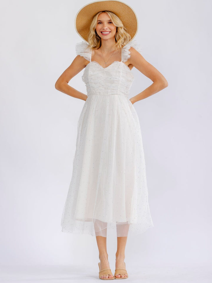 JUST ME WOMEN'S SLEEVELESS PEARL LACE DETAILED MAXI DRESS