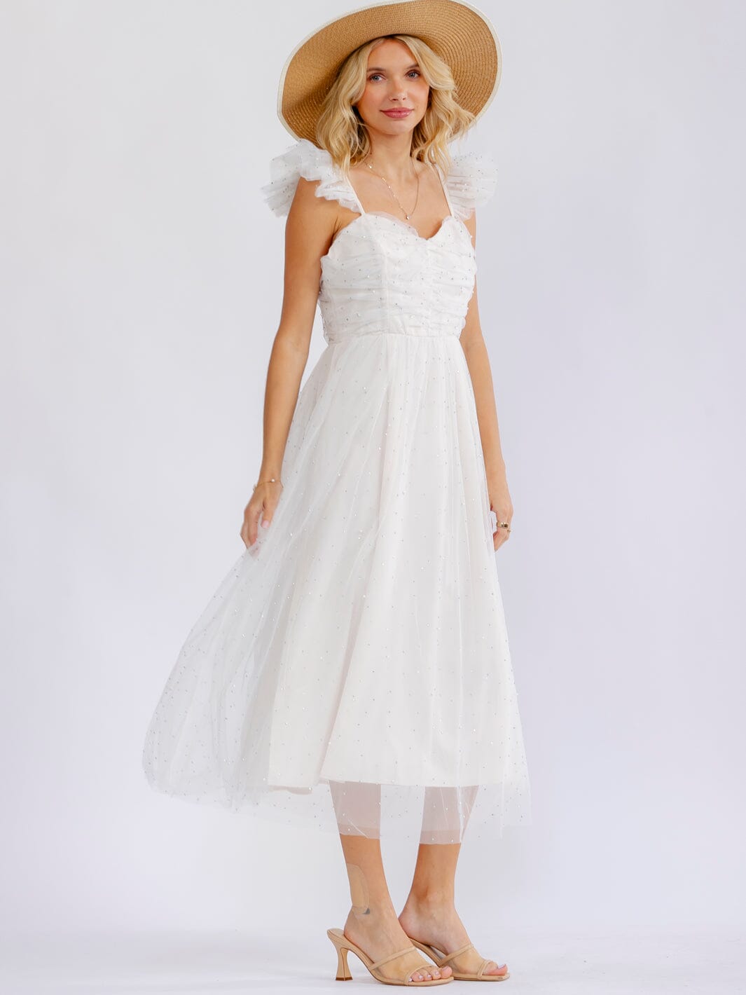 JUST ME WOMEN'S SLEEVELESS PEARL LACE DETAILED MAXI DRESS