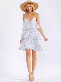 WOMEN'S SLEEVELESS V-NECK FLORAL RUFFLE TIERED BUTTON UP MINI DRESS