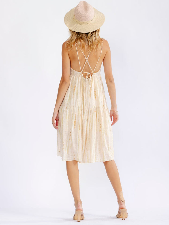 WOMEN'S SLEEVELESS FRONT POCKETS V-NECK OPEN BACK STRIPES MIDI DRESS