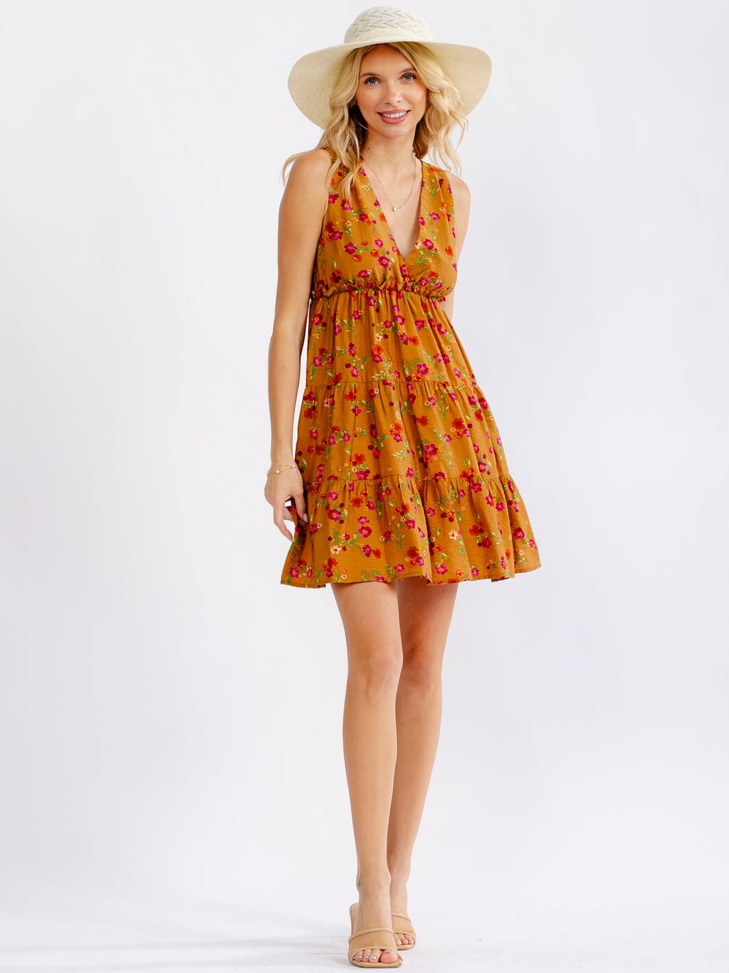 WOMEN'S SLEEVELESS V-NECK ELASTIC WAIST FLORAL MINI DRESS
